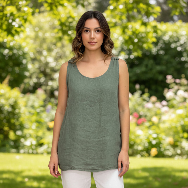 Cal Crochet Back Khaki Green Linen Sleeveless Vest Top - Sugarplum Boutique