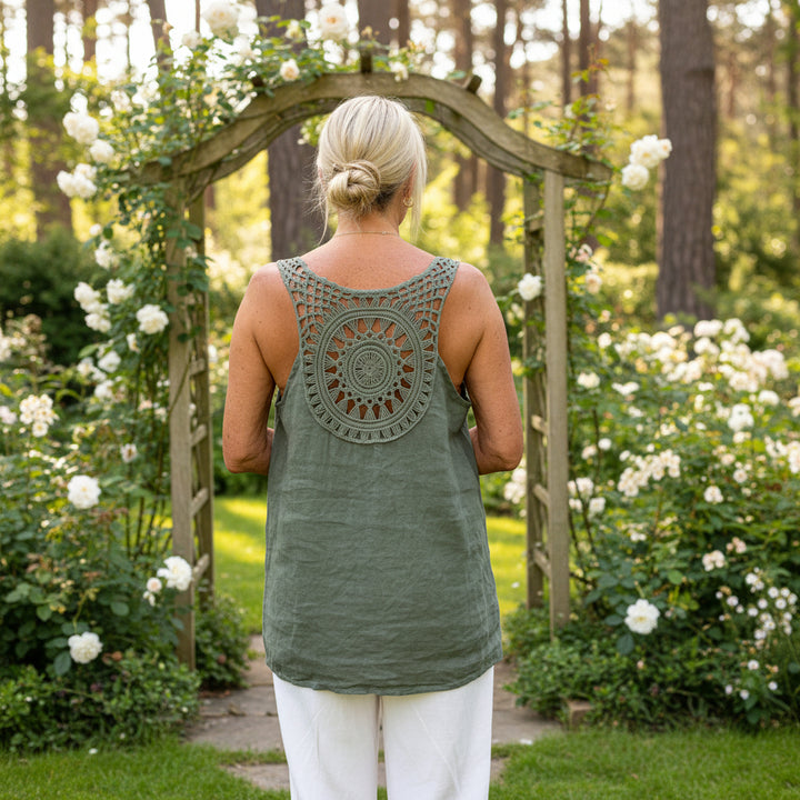 Cal Crochet Back Khaki Green Linen Sleeveless Vest Top - Sugarplum Boutique