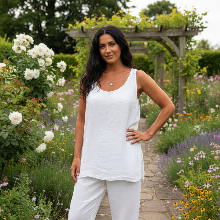 Cal Crochet Back White Linen Sleeveless Vest Top - Sugarplum Boutique