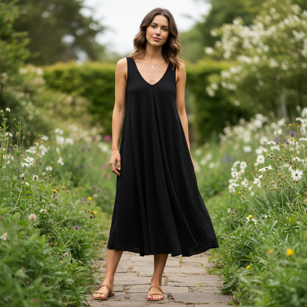 Camilla Cotton V Neck V Back Black Summer Midi Dress -Sugarplum Boutique