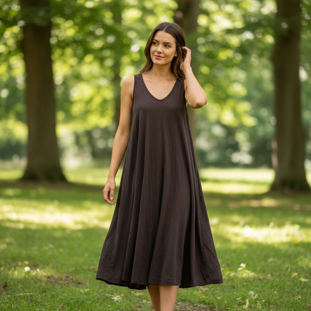 Camilla Cotton V Neck V Back Chocolate Brown Summer Midi Dress - Sugarplum Boutique