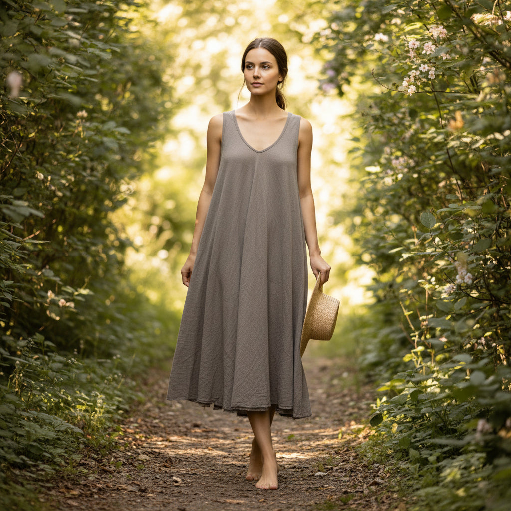 Camilla Cotton V Neck V Back Mocha Brown Summer Midi Dress - Sugarplum Boutique