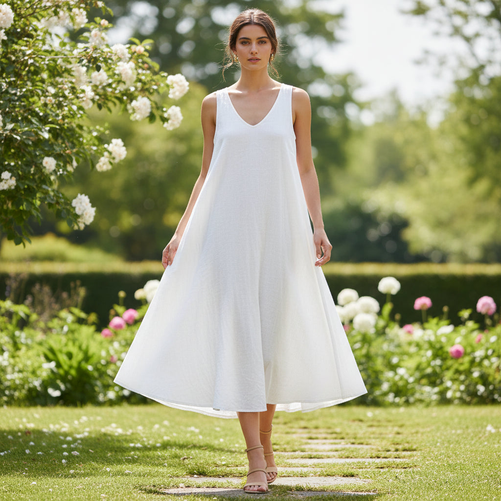 Camilla Cotton V Neck V Back White Summer Midi Dress - Sugarplum Boutique