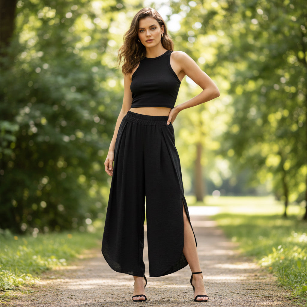 Caprice Split Leg Black Wide Style Trousers - Sugarplum Boutique
