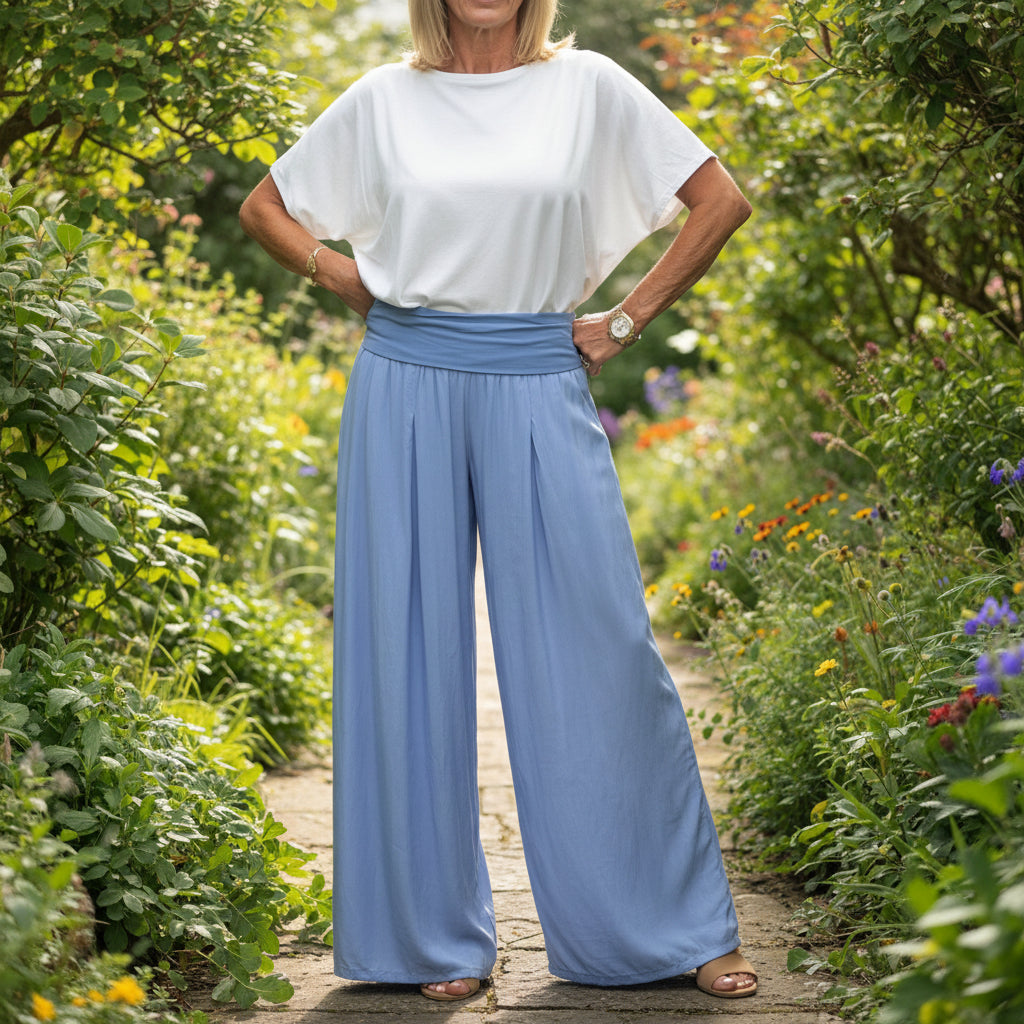 Carey Cotton Wide Leg Denim Blue Palazzo Trousers - Sugarplum Boutique