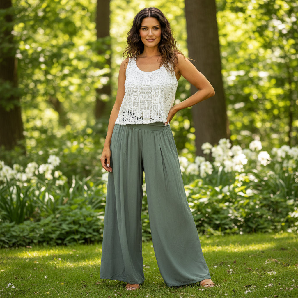 Carey Cotton Wide Leg Khaki Green Palazzo Trousers - Sugarplum Boutique