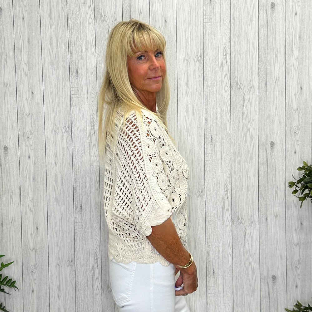 Carina Crochet Drop Sleeve Top Stone - Sugarplum Boutique