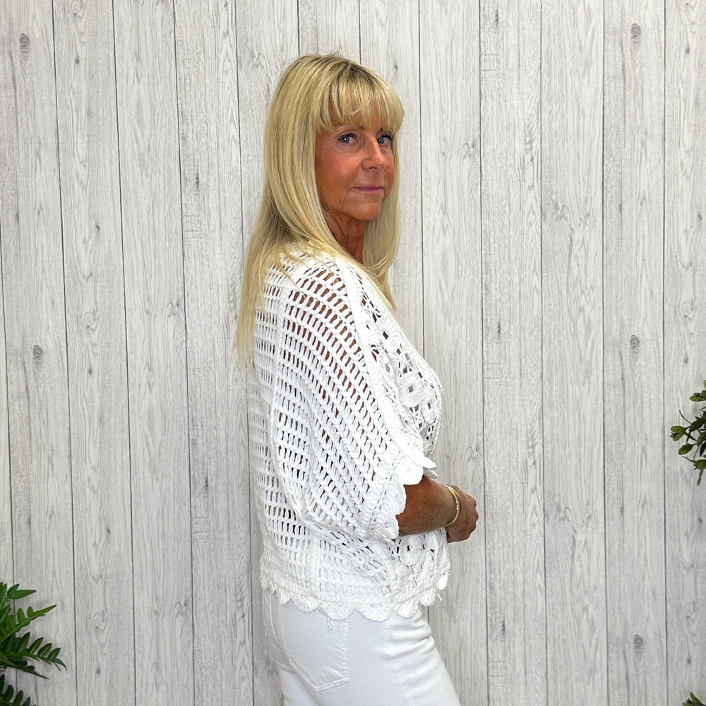 Carina Crochet Drop Sleeve Top White - Sugarplum Boutique