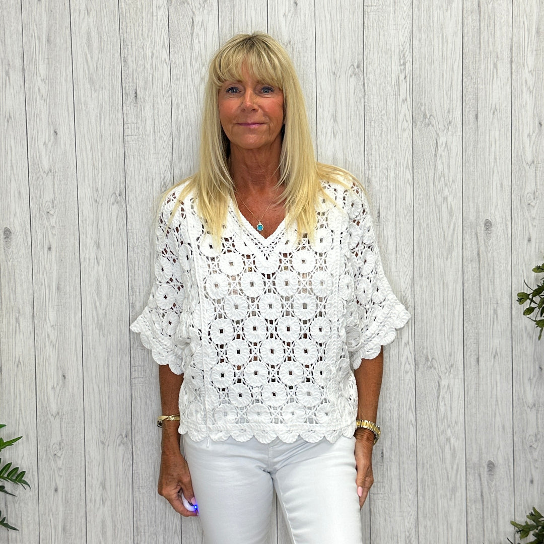 Carina Crochet Drop Sleeve Top White -  Sugarplum Boutique