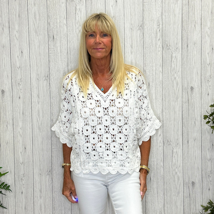 Carina Crochet Drop Sleeve Top White -  Sugarplum Boutique