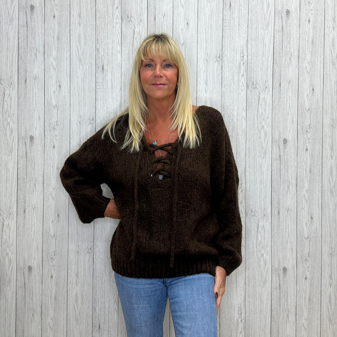 Carla Chunky Knit Wool Mix Lace Up Jumper Chocolate Brown - Sugarplum Boutique