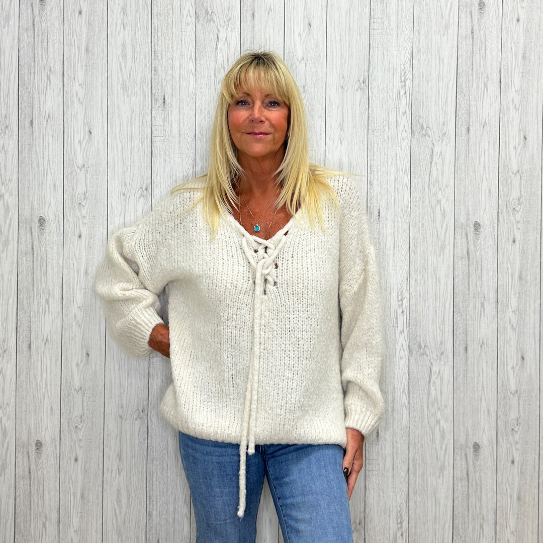 Carla Chunky Knit Wool Mix Lace Up Jumper Cream - Sugarplum Boutique