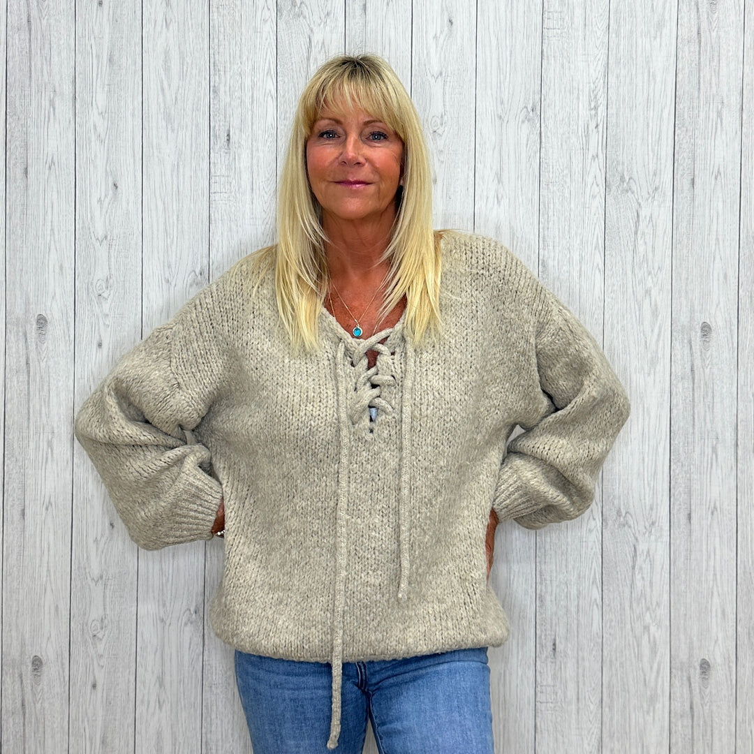 Carla Chunky Knit Wool Mix Lace Up Jumper Mocha Brown - Sugarplum Boutique