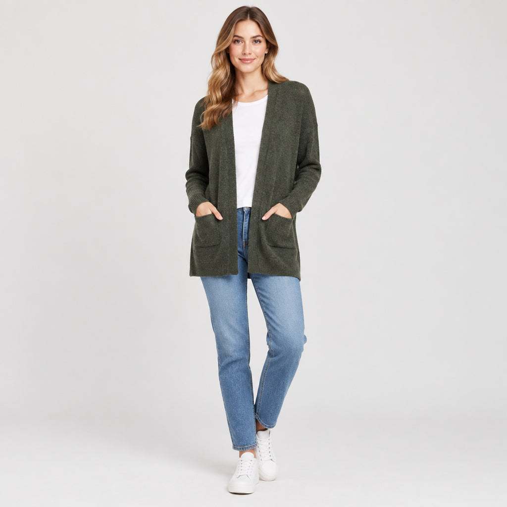 Carly Khaki Green Edge To Edge Two Pocket Cardigan - Sugarplum Boutique