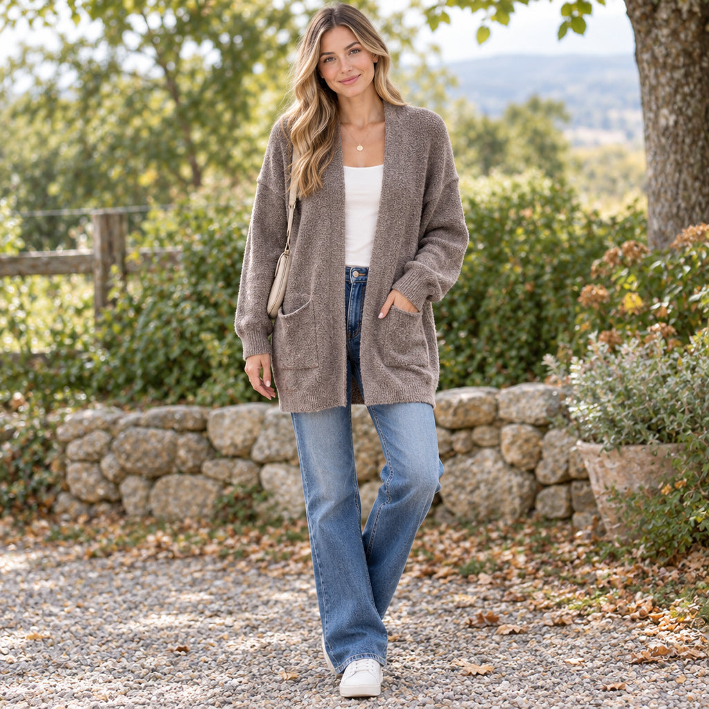 Carly Mocha Brown Edge to Edge Two Pocket Cardigan - Sugarplum Boutique