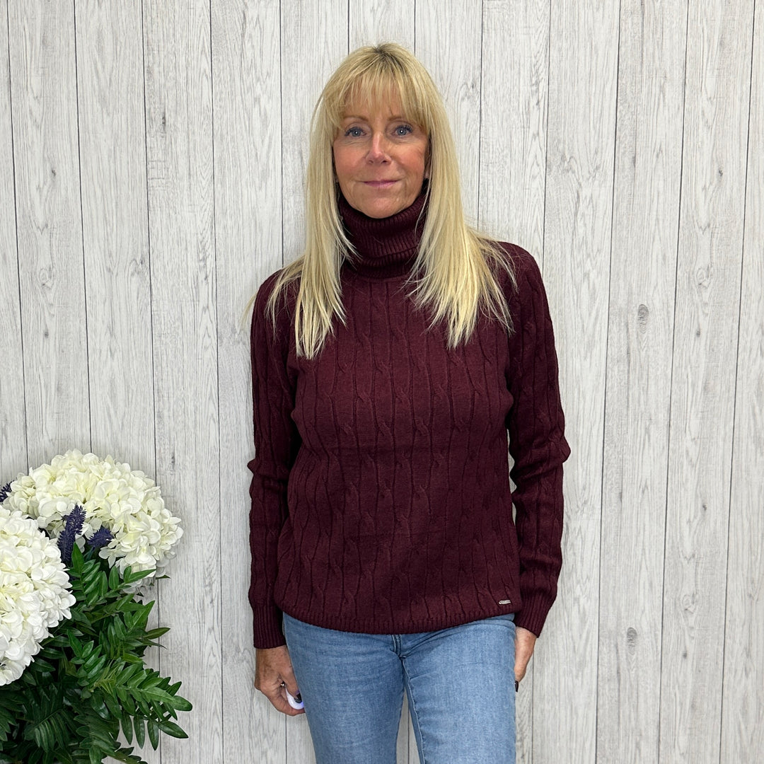 Carolina Burgandy Red Cable Knit Polo Neck Jumper - Sugarplum Boutique