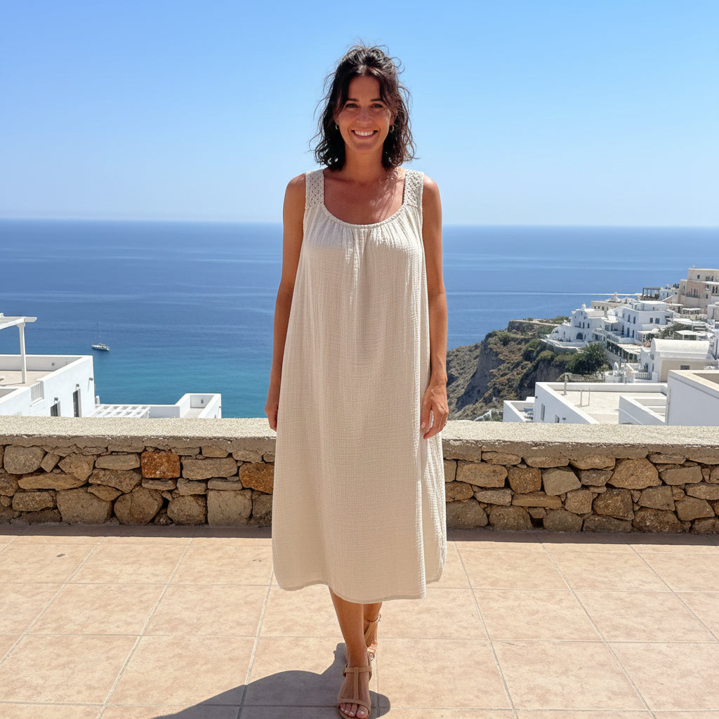 Cassie Cotton Cheesecloth Stone Crochet Strap Midi Dress