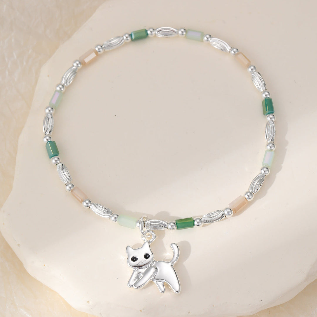 Cat Beaded Charm Stretch Bracelet Silver – Sugarplum Boutique Home