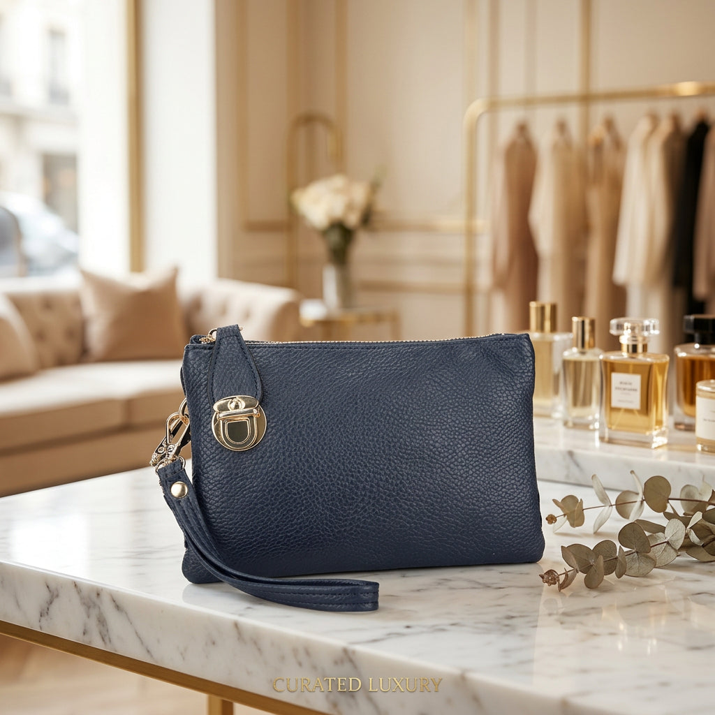Celia Faux Leather Navy Blue Clutch Handbag - Sugarplum Boutique