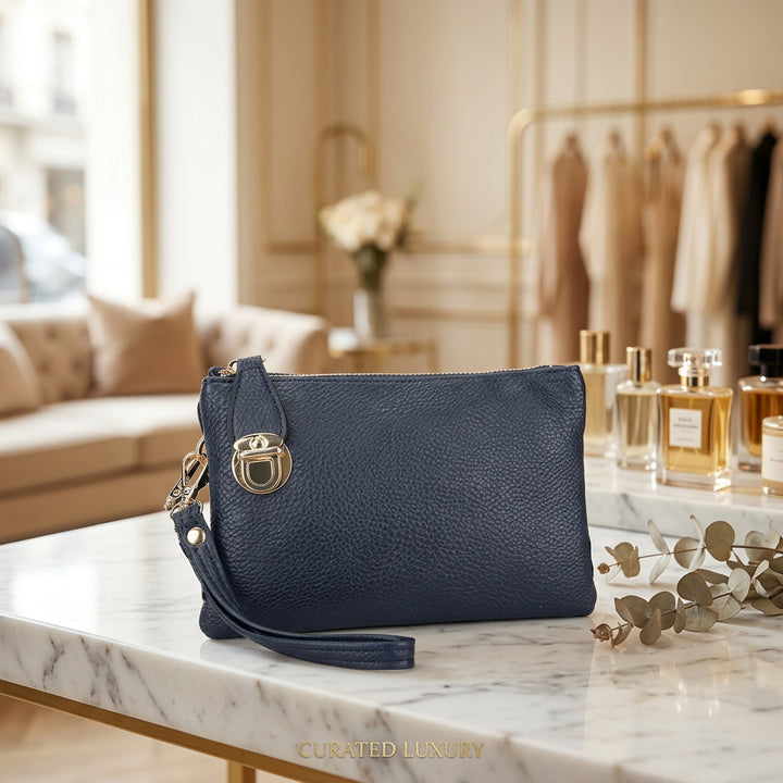 Celia Faux Leather Navy Blue Clutch Handbag - Sugarplum Boutique