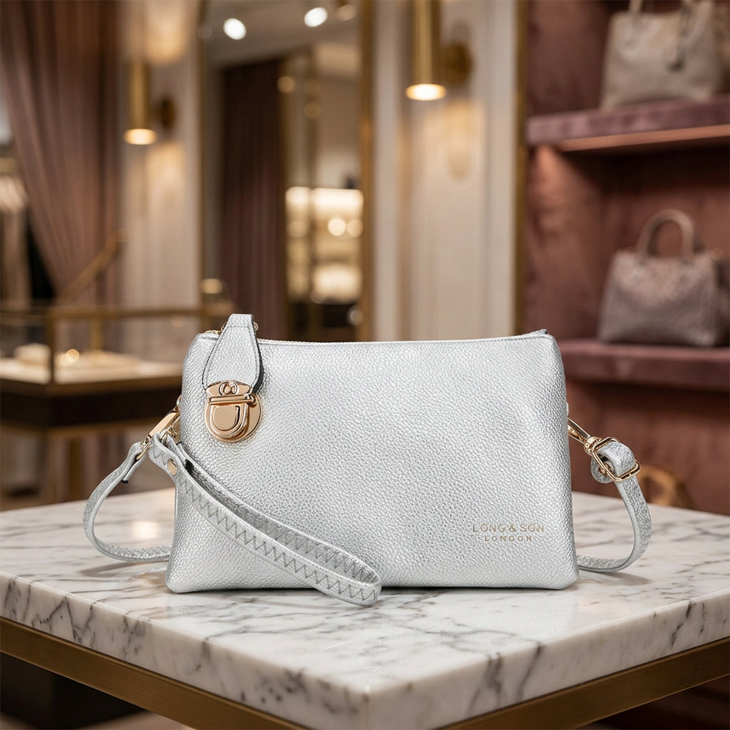 Celia Faux Leather Silver Clutch Handbag  - Sugarplum Boutique
