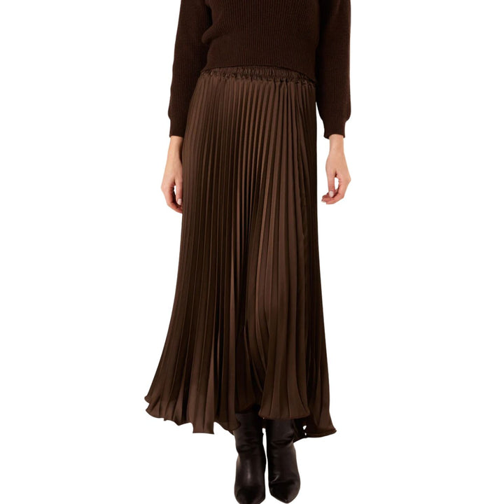Celine Chocolate Brown Satin Pleated Maxi Skirt - Sugarplum Boutique