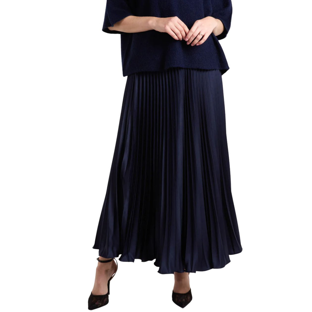Celine Navy Blue Satin Pleated Maxi Skirt - Sugarplum Boutique