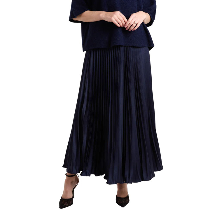 Celine Navy Blue Satin Pleated Maxi Skirt - Sugarplum Boutique