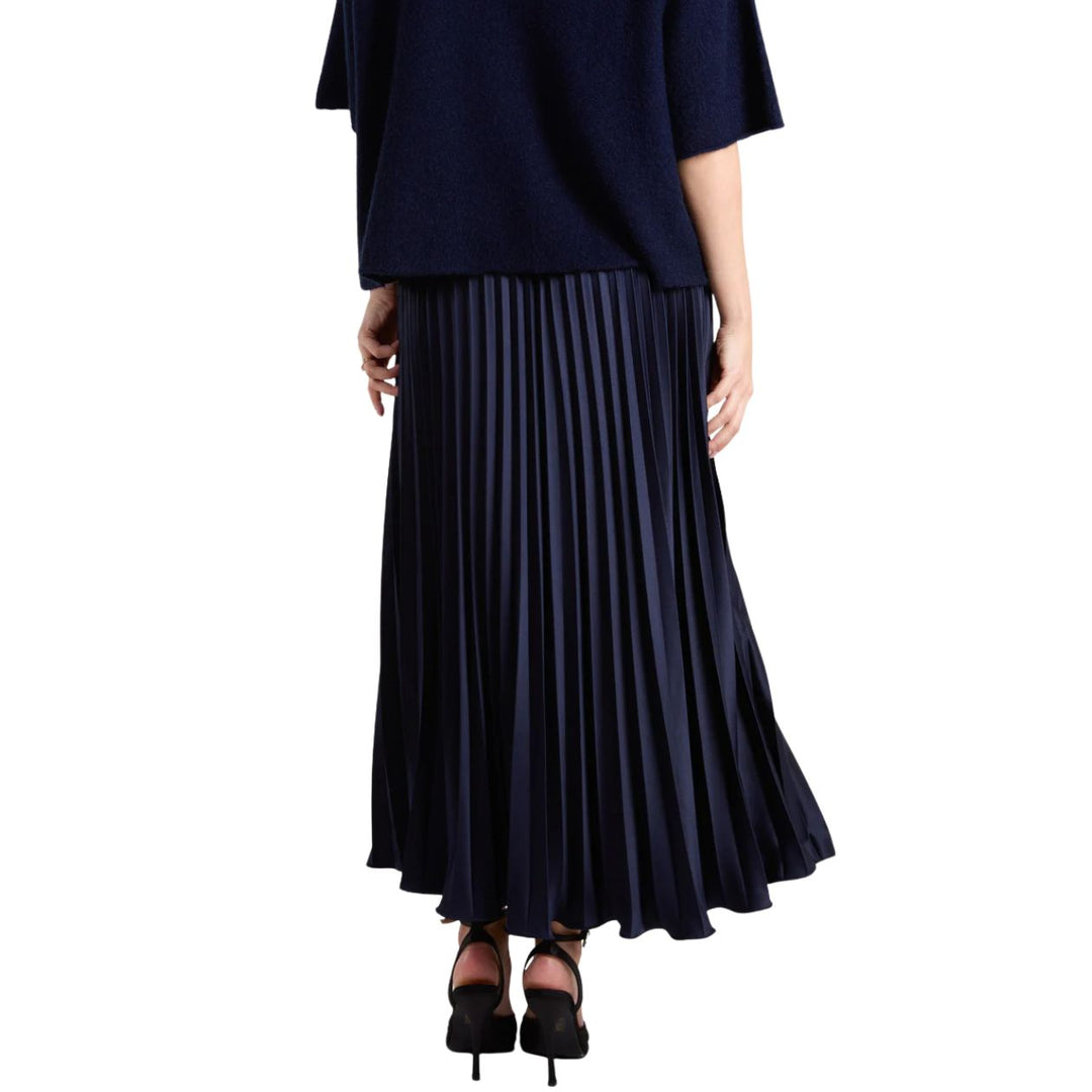 Celine Navy Blue Satin Pleated Maxi Skirt - Sugarplum Boutique