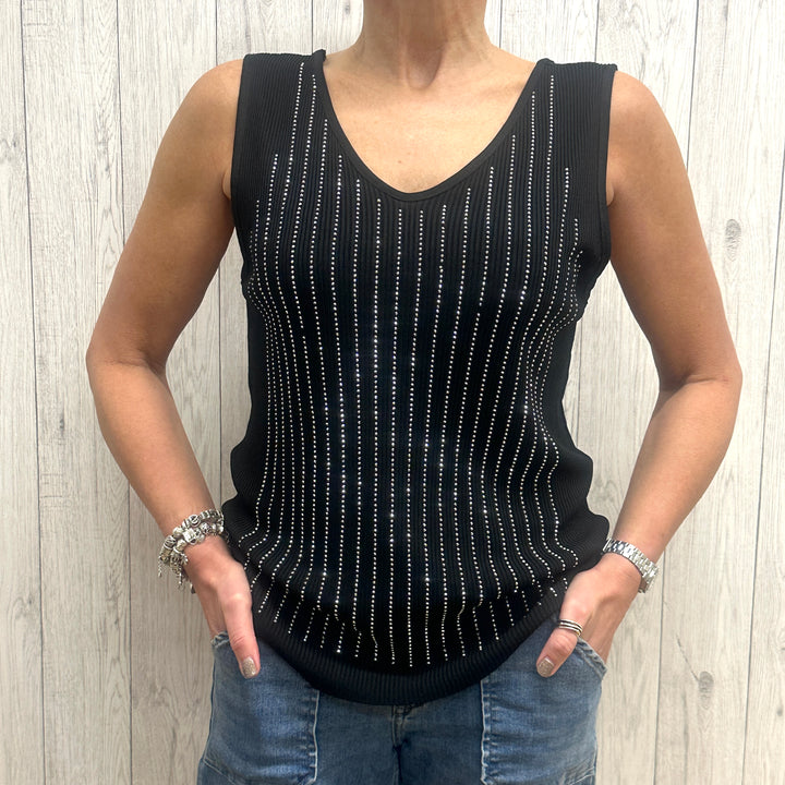Charlie Black Criss Cross Back Embellished Vest Top - Sugarplum Boutique