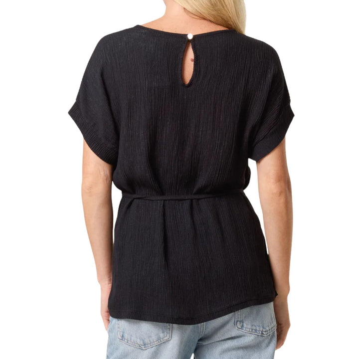 Charlie Crinkle Black Belted Short Sleeve Top - Sugarplum Boutique