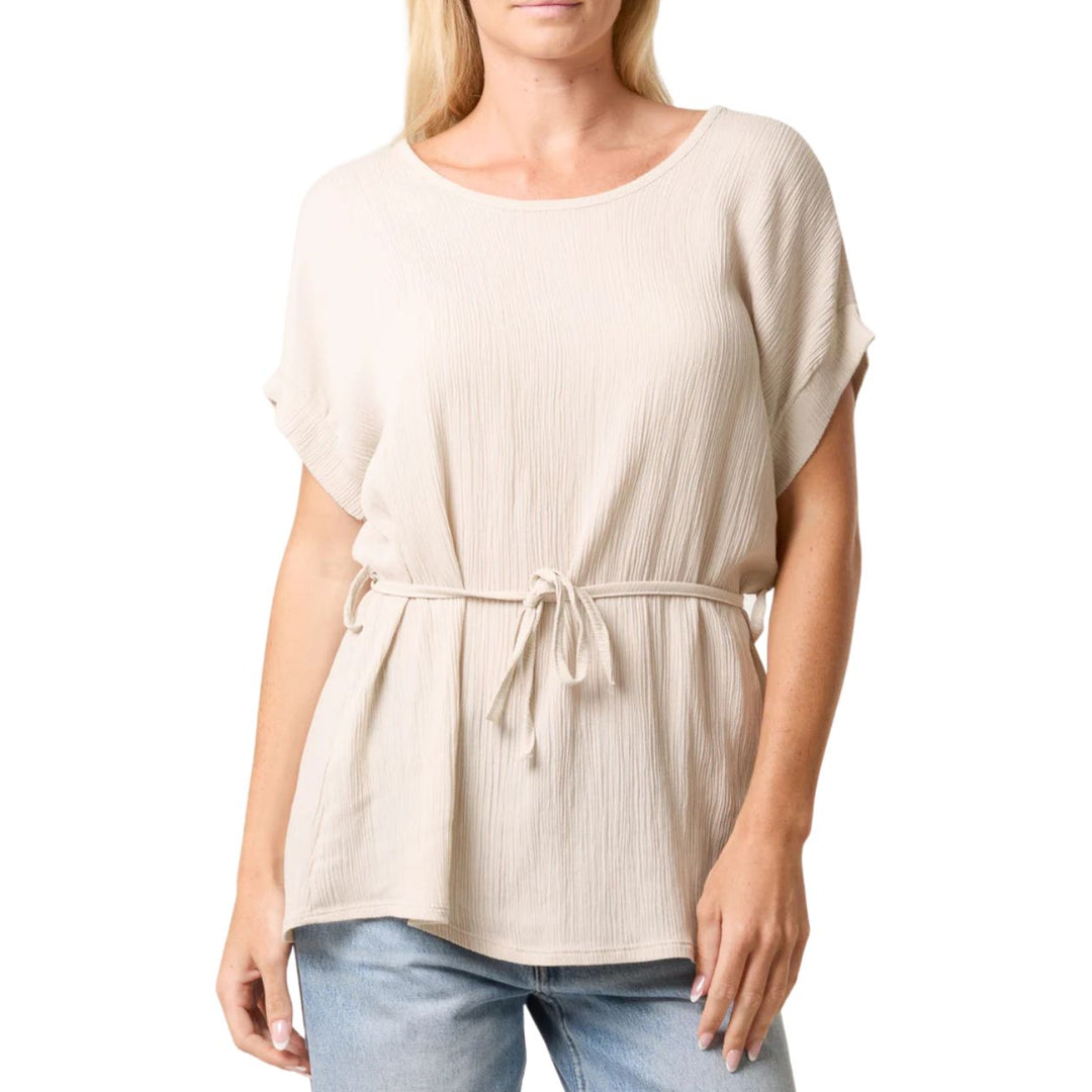 Charlie Crinkle Cream Belted Short Sleeve Top- Sugarplum Boutique