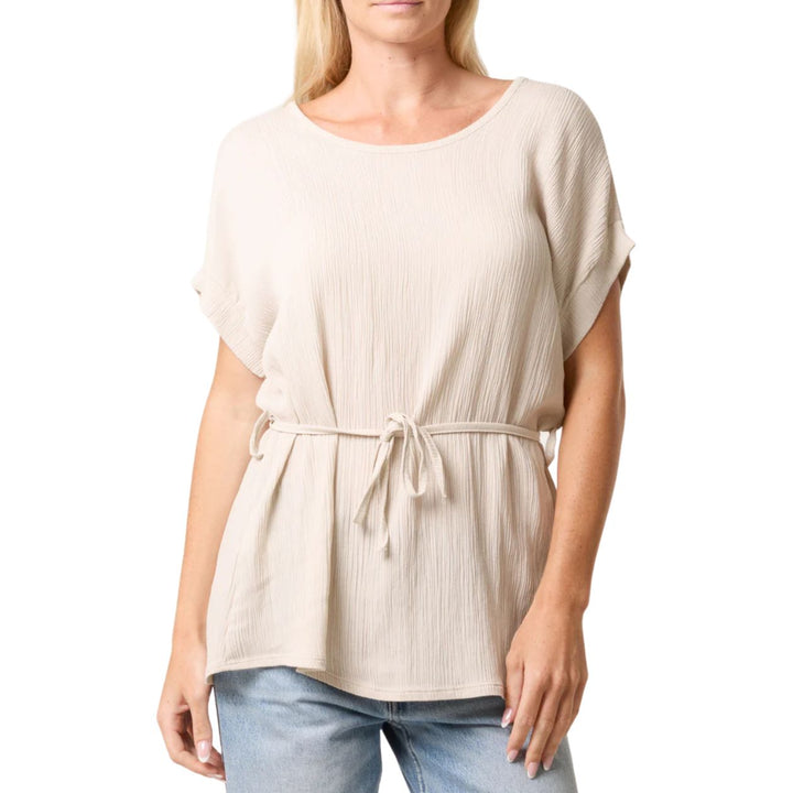 Charlie Crinkle Cream Belted Short Sleeve Top- Sugarplum Boutique