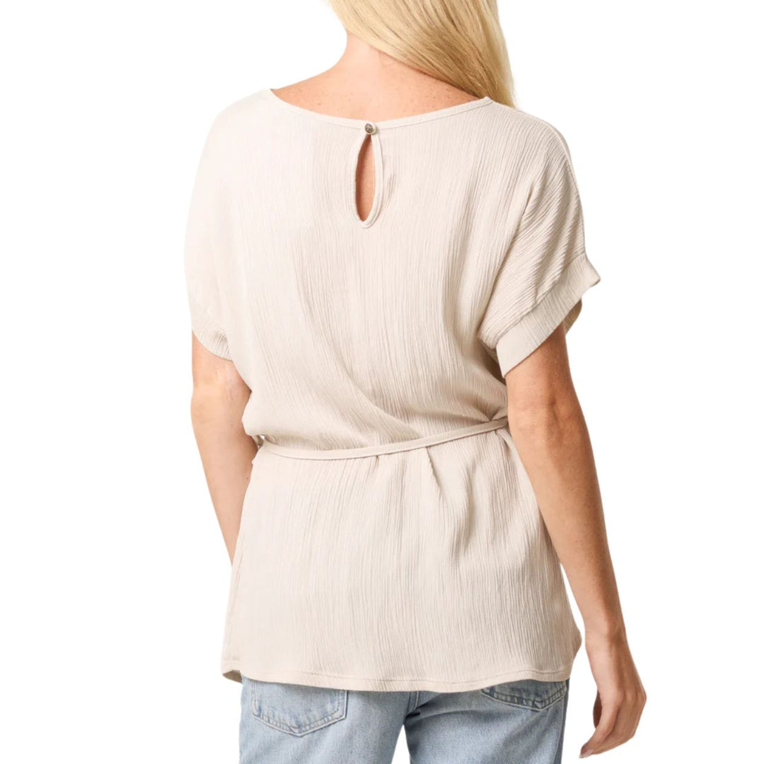 Charlie Crinkle Cream Belted Short Sleeve Top- Sugarplum Boutique