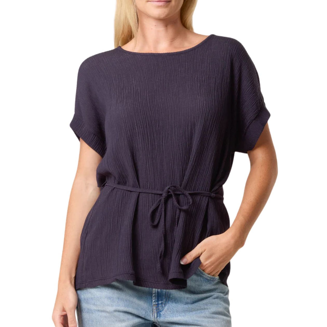 Charlie Crinkle Navy Blue Belted Short Sleeve Top - Sugarplum Boutique