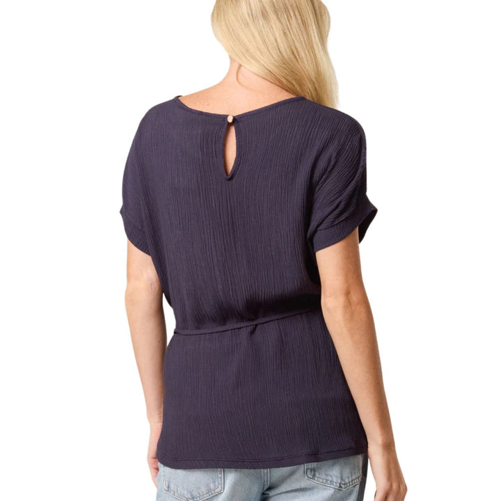 Charlie Crinkle Navy Blue Belted Short Sleeve Top - Sugarplum Boutique