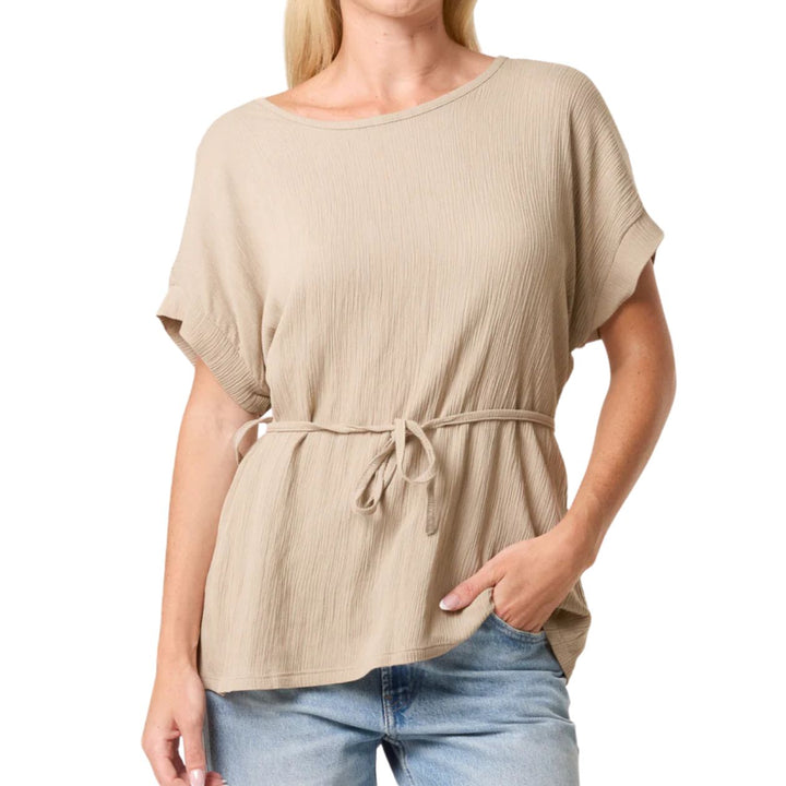 Charlie Crinkle Stone Belted Short Sleeve Top - Sugarplum Boutique
