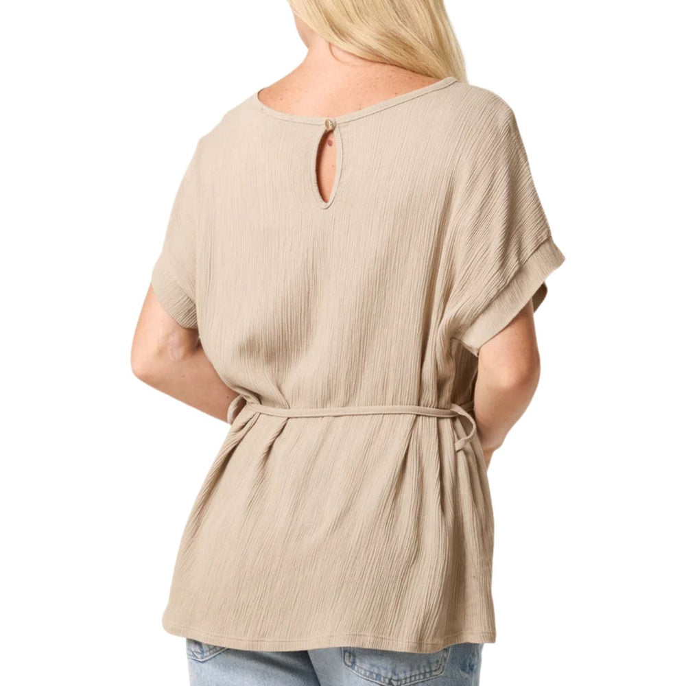Charlie Crinkle Stone Belted Short Sleeve Top - Sugarplum Boutique