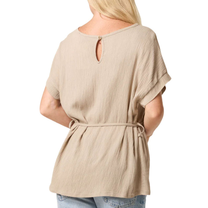Charlie Crinkle Stone Belted Short Sleeve Top - Sugarplum Boutique