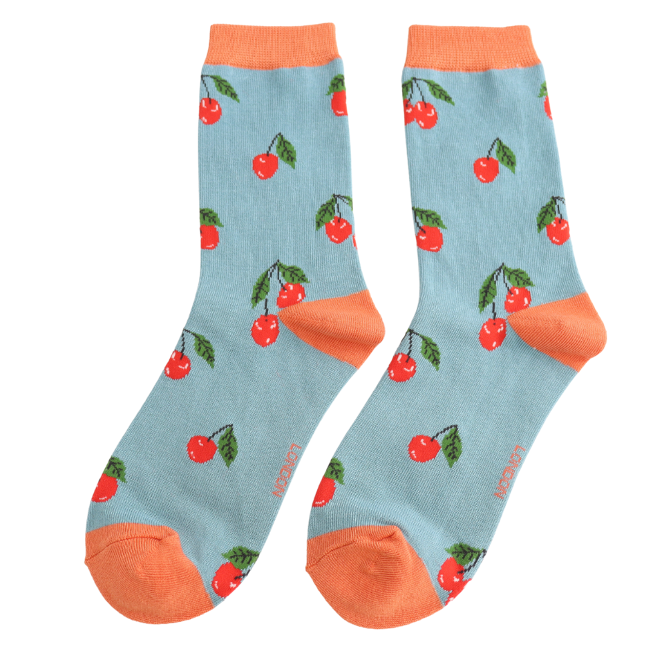 Cherries Duck Egg Blue Ladies Bamboo Socks - Sugarplum Boutique