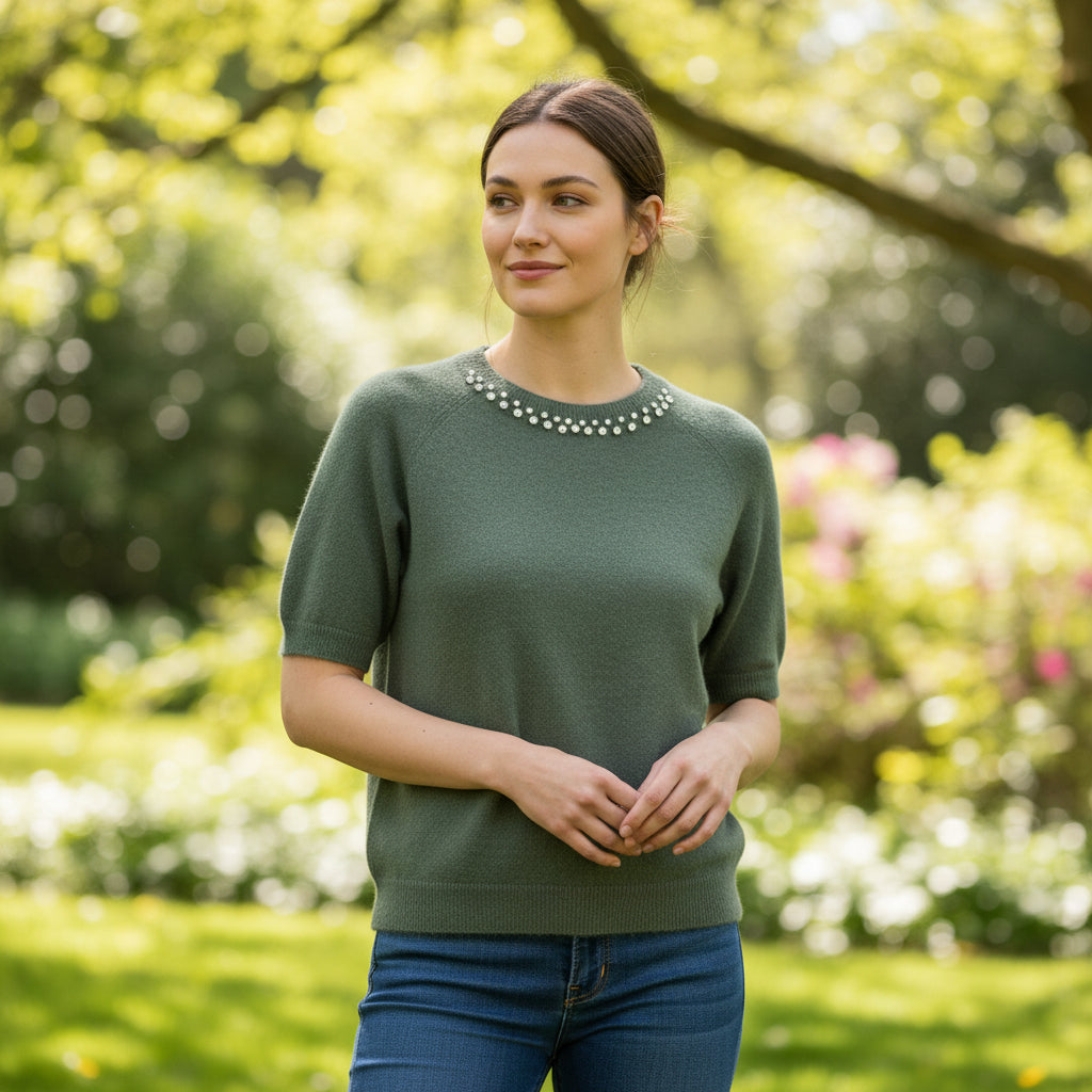 Chester Diamante Neck Khaki Green Short Sleeve Soft Jumper - Sugarplum Boutique