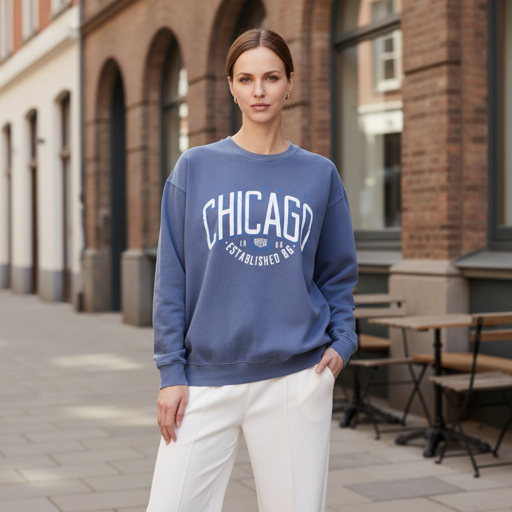 Chicago Motif Denim Blue Sweatshirt - Sugarplum Boutique