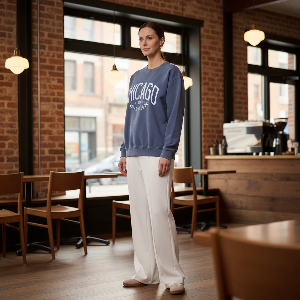 Chicago Motif Denim Blue Sweatshirt - Sugarplum Boutique