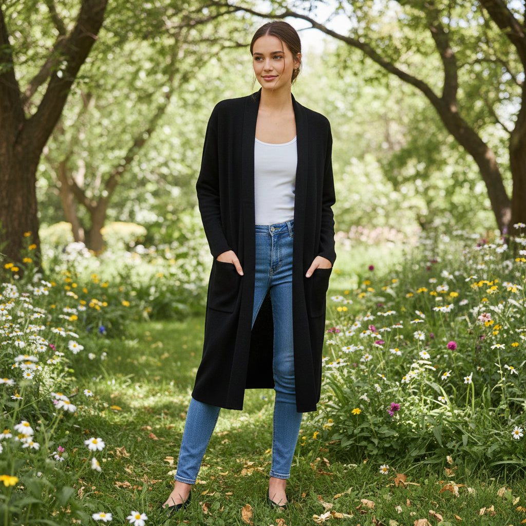 Chichester Edge To Edge Black Two Pocket Long Cardigan - Sugarplum Boutique