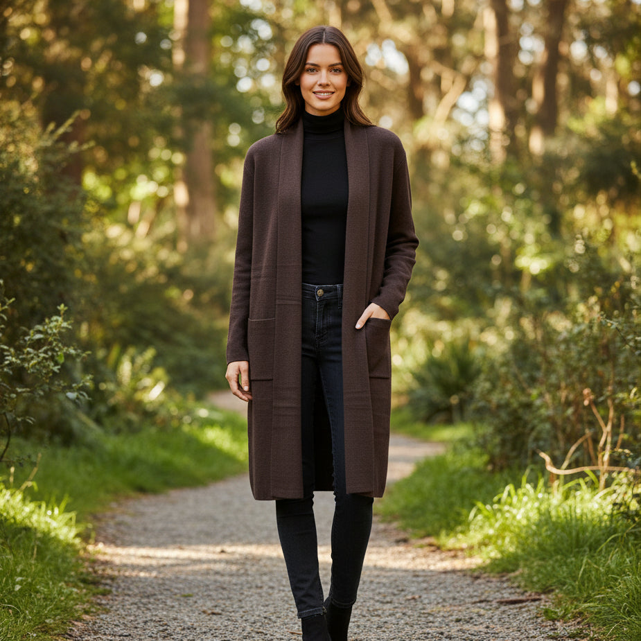 Chichester Edge To Edge Chocolate Brown Two Pocket Long Cardigan - Sugarplum Boutique
