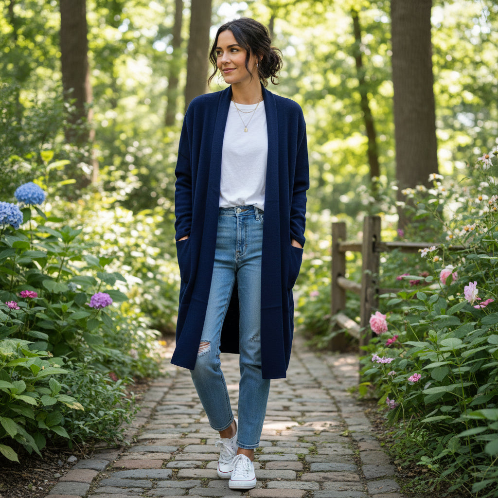 Chichester Edge To Edge Navy Blue Two Pocket Long Cardigan - Sugarplum Boutique