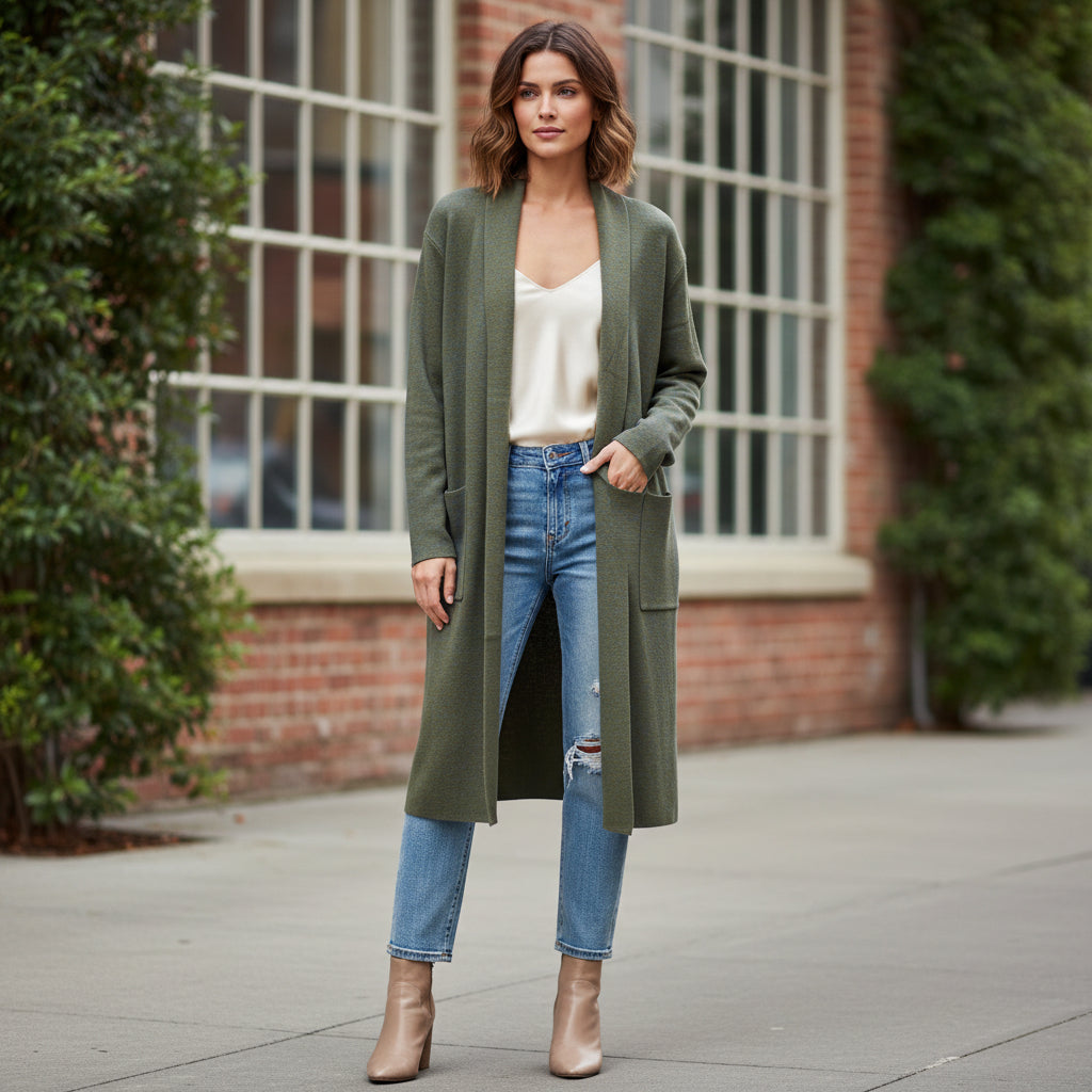 Chichester Edge To Edge Olive Green Two Pocket Long Cardigan - Sugarplum Boutique