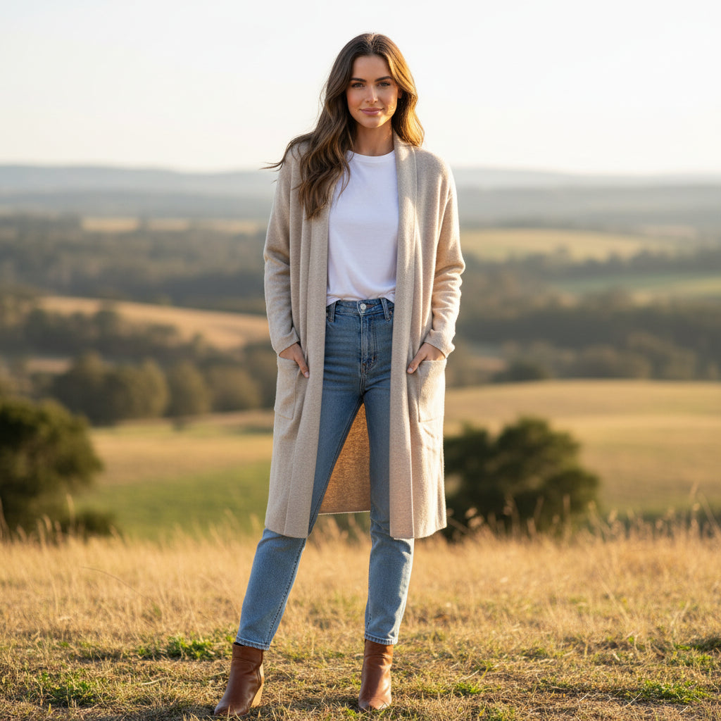 Chichester Edge To Edge Olive Green Two Pocket Long Cardigan - Sugarplum Boutique