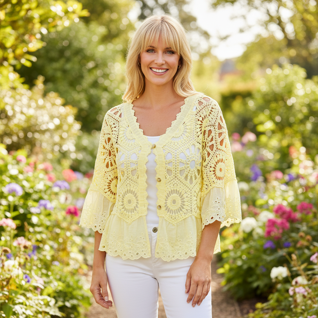 Christchurch Cotton Hem Lemon Yellow Crochet Button Cardigan Top - Sugarplum Boutique
