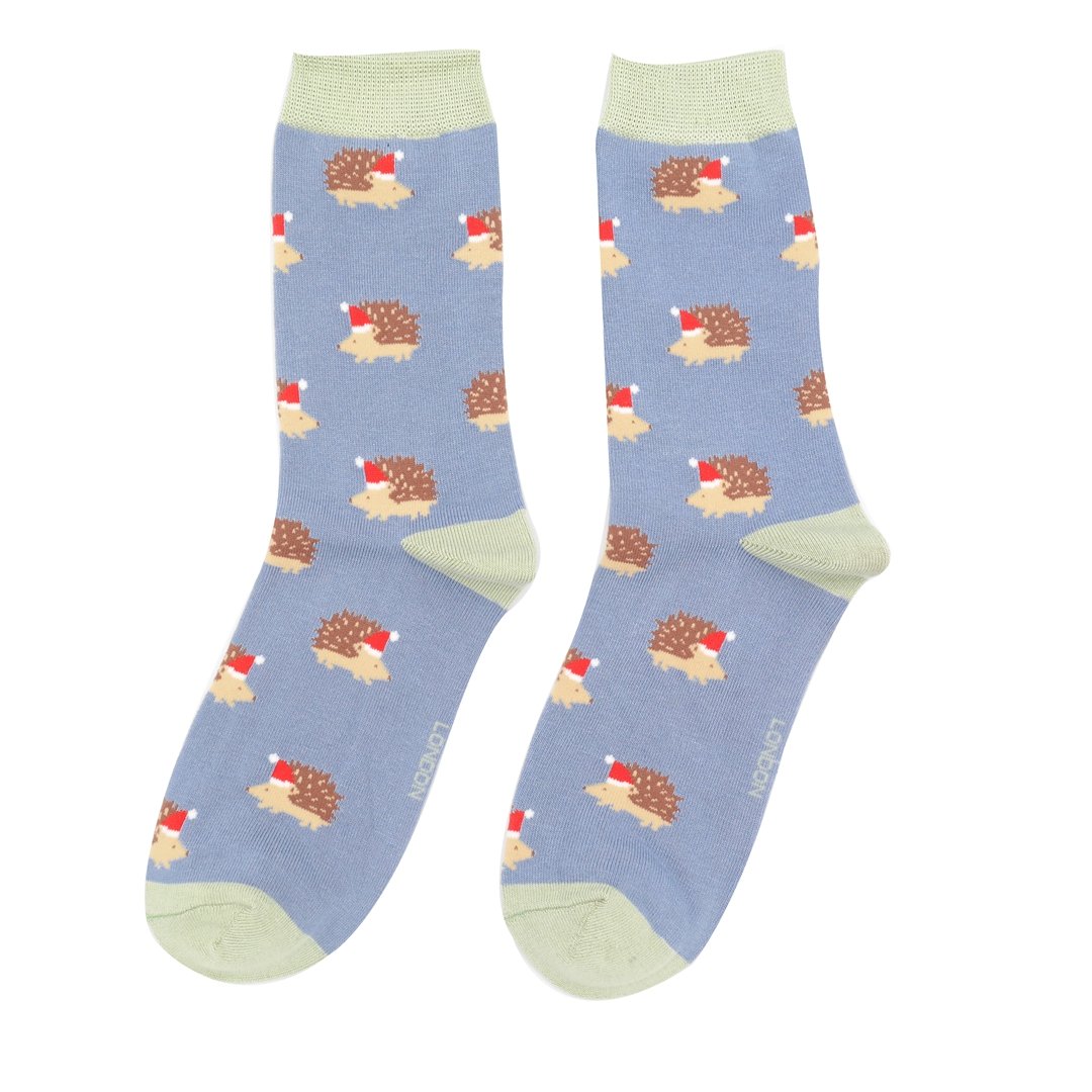 Christmas Festive Hedgehogs Ladies Bamboo Socks Denim Blue - Sugarplum Boutique